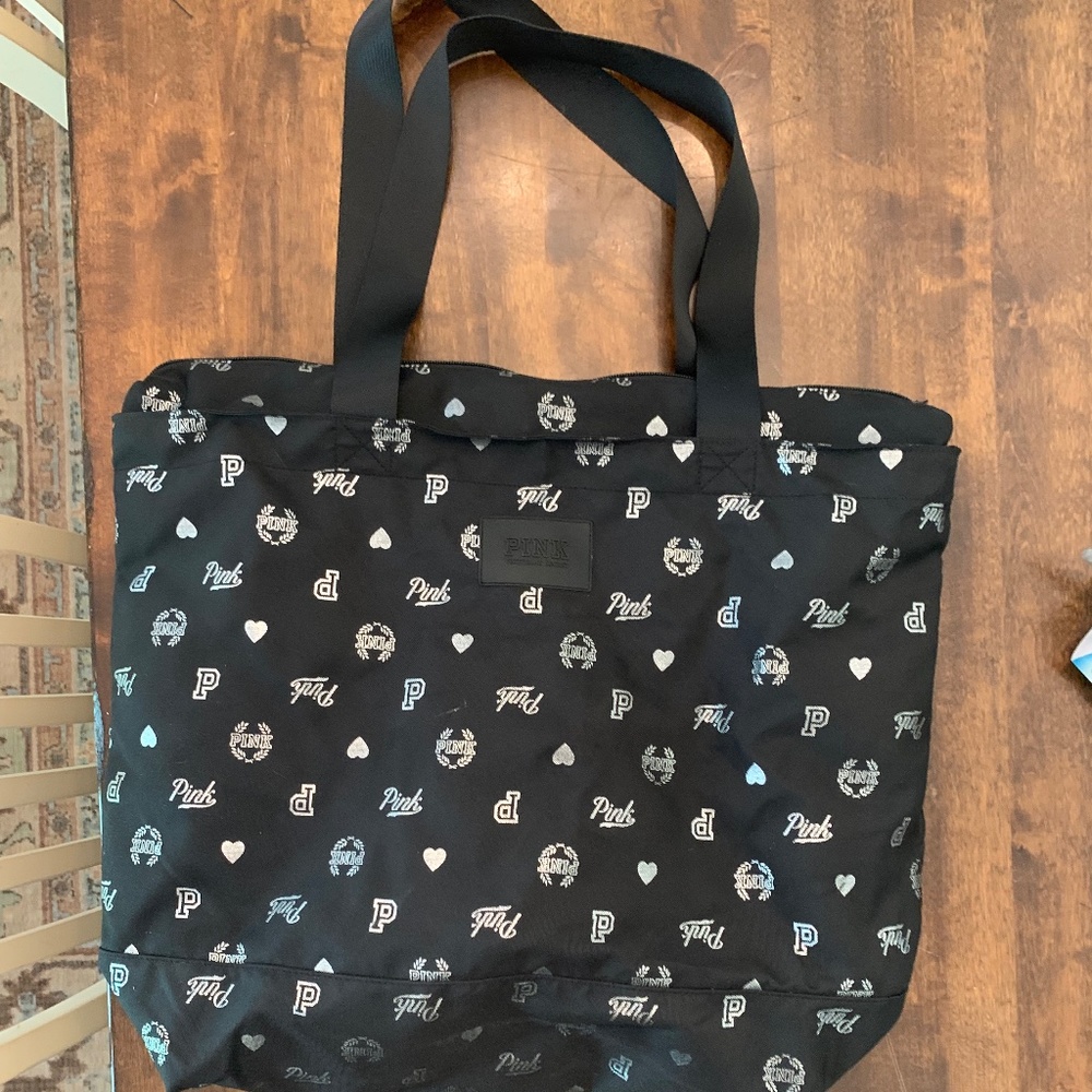 PINK Victoria's Secret Black Silver Large Canvas Shopper Shoulder Bag Purse Tote